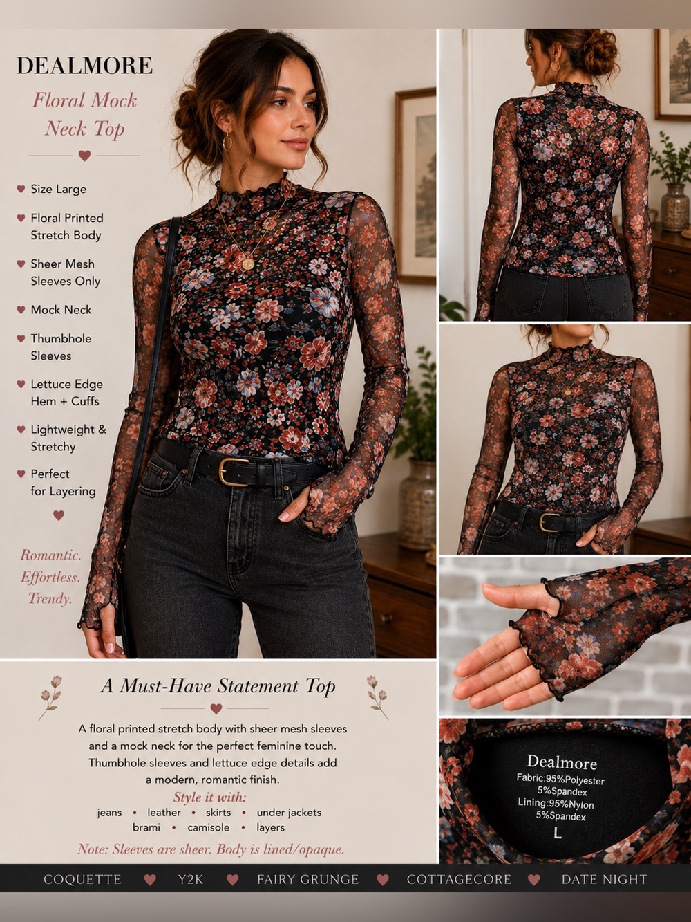 Dealmore Sheer Floral Mesh Mock Neck Top‎ L Thumbhole Long Sleeve Y2K Coquette